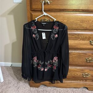 Express Black Floral Embroidered Women's Top